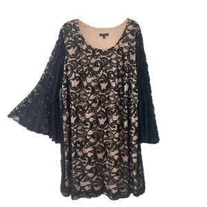 Lane Bryant Lace Shift Dress Woman Plus 26/28 4X Black Overlay Bell Sleeve